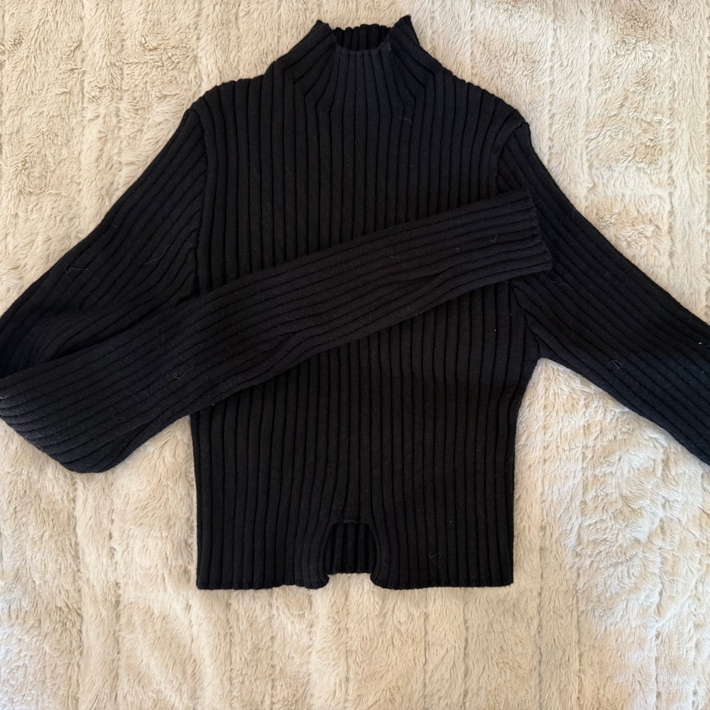 Black Ribbed Cropped Turtleneck Sweater